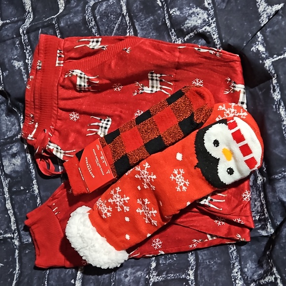 Joyspun Holiday Bundle Pajama pants and 2 pairs of holiday socks - Picture 1 of 7